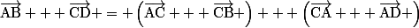 \vec{\text{AB}} + \vec{\text{CD}} = \left(\vec{\text{AC}} + \vec{\text{CB}} \right) + \left(\vec{\text{CA}} + \vec{\text{AD}} \right)