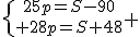 \{{25p=S-90\atop 28p=S+48} 