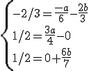 \{-2/3=\fr{-a}{6}-\fr{2b}{3}\\1/2=\fr{3a}{4}-0\\1/2=0+\fr{6b}{7}
