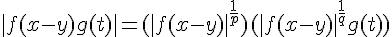 \Large{|f(x-y)g(t)|=(|f(x-y)|^{\frac{1}{p}})(|f(x-y)|^{\frac{1}{q}}g(t))} \\   \\  