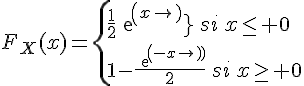 \Large{F_X(x)=\{\frac{1}{2}exp(x)\,si\,x\le 0\\1-\frac{exp(-x)}{2}\,si\,x\ge 0}