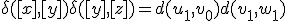 \delta([x],[y])+\delta([y],[z]) = d(u_1,v_0)+d(v_1,w_1)