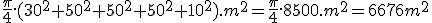 \frac{\pi}{4}.(30^2+50^2+50^2+50^2+10^2).m^2=\frac{\pi}{4}.8500.m^2=6676m^2