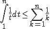 \int_1^n\frac{1}{t}dt\le\sum_{k=1}^n\frac{1}{k}