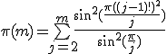 \pi(m)=\bigsum_{j=2}^m~\frac{sin^2(\frac{\pi((j-1)!)^2}{j})}{sin^2(\frac{\pi}{j})}