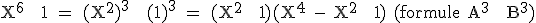 \textrm X^6 + 1 = (X^2)^3 + (1)^3 = (X^2 + 1)(X^4 - X^2 + 1) (formule A^3 + B^3)