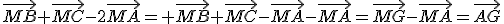 \vec{MB}+\vec{MC}-2\vec{MA}= \vec{MB}+\vec{MC}-\vec{MA}-\vec{MA}=\vec{MG}-\vec{MA}=\vec{AG}