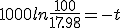 1000ln\frac{100}{17.98}=-t