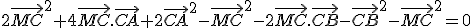 2\vec{MC}^2+4\vec{MC}.\vec{CA}+2\vec{CA}^2-\vec{MC}^2-2\vec{MC}.\vec{CB}-\vec{CB}^2-\vec{MC}^2=0