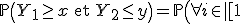3$\mathbb{P}\left(Y_1\ge x\mathrm{\ et\ }Y_2\le y\right) = \mathbb{P}\left(\forall i\in|[1;n]|,X_i\ge x\mathrm{\ et\ }\forall i\in|[1;n]|,X_i\le y\right)