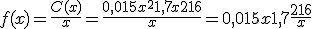 3$f(x) = \frac{C(x)}{x} = \frac{0,015 x^2 + 1,7 x + 216}{x} = 0,015 x + 1,7 + \frac{216}{x}