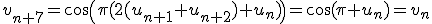 3$v_{n+7}=\cos\(\pi(2(u_{n+1}+u_{n+2})+u_n)\)=\cos(\pi u_n)=v_n