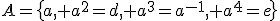 A=\{a, a^2=d, a^3=a^{-1}, a^4=e\}