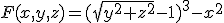F(x,y,z)=(\sqrt{y^2+z^2}-1)^3-x^2