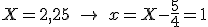 X = 2,25\ \to\ x = X - \frac{5}{4} = 1