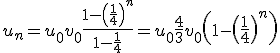 u_n = u_0+v_0\fr{1-\(\fr{1}{4}\)^n}{1-\fr{1}{4}} = u_0 + \fr{4}{3}v_0\(1-\(\fr{1}{4}\)^n\)