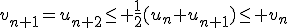 v_{n+1}=u_{n+2}\le \frac12(u_n+u_{n+1})\le v_n