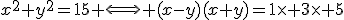 x^2+y^2=15 \Longleftrightarrow (x-y)(x+y)=1\times 3\times 5