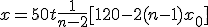 x=50t+\frac{1}{n - 2}[120 - 2(n-1)x_0]