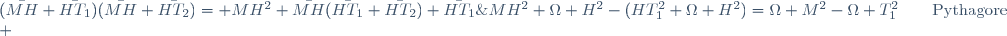 \begin{eqnarray*} \bar{MT_1}\;.\;\bar{MT_2}&=&(\bar{MH}+\bar{HT_1})(\bar{MH}+\bar{HT_2})= MH^2+\bar{MH}(\bar{HT_1}+\bar{HT_2})+\bar{HT_1}\;.\;\bar{HT_2}\\ &=&MH^2+0-HT_1^2\qquad\mbox{(car H est le milieu de [T_1T_2])}\\ &=&MH^2+\Omega H^2-(HT_1^2+\Omega H^2)=\Omega M^2-\Omega T_1^2\qquad\mbox{Pythagore}\\ &=&\Omega M^2-R^2 \end{eqnarray*}
