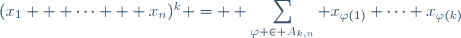 (x_1 + \cdots + x_n)^k = \displaystyle \sum_{\varphi \in A_{k,n}} x_{\varphi(1)} \cdots x_{\varphi(k)}