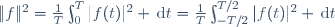 \|f\|^2=\frac1T\int_{0}^T|f(t)|^2 \,\mathrm{d}t=\frac1T\int_{-T/2}^{T/2}|f(t)|^2 \,\mathrm{d}t