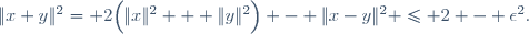 \|x+y\|^2= 2\Big(\|x\|^2 + \|y\|^2\Big) - \|x-y\|^2 \le 2 - \epsilon^2.