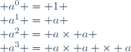 \begin{array}{l} a^0 = 1 \\ a^1 = a \\ a^2 = a\times a \\ a^3 = a\times a \times a\end{array}