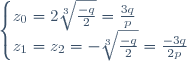 \begin{cases}z_0=2\sqrt[3]{\frac{-q}2}=\frac{3q}p\\z_1=z_2=-\sqrt[3]{\frac{-q}2}=\frac{-3q}{2p}\end{cases}