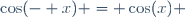 \cos(- x) = \cos(x)\,\! 