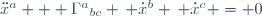 \ddot{x}^a + {\Gamma^a}_{bc} \, \dot{x}^b \, \dot{x}^c = 0