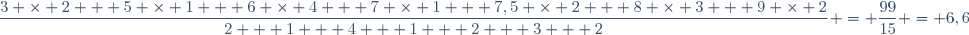 \dfrac{3 \times 2 + 5 \times 1 + 6 \times 4 + 7 \times 1 + 7,5 \times 2 + 8 \times 3 + 9 \times 2}{2 + 1 + 4 + 1 + 2 + 3 + 2} = \dfrac{99}{15} = 6,6