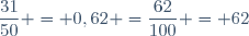 \dfrac{31}{50} = 0,62 =\dfrac{62}{100} = 62\ %.