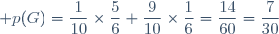 \displaystyle p(G)=\frac{1}{10}\times\frac{5}{6}+\frac{9}{10}\times\frac{1}{6}=\frac{14}{60}=\frac{7}{30}