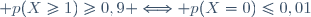 \displaystyle p(X\ge1)\ge0,9 \Longleftrightarrow p(X=0)\le0,01