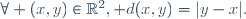 \forall (x,y)\in\R^2, d(x,y)=|y-x|.