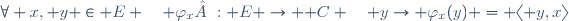 \forall x, y \in E \quad \varphi_x : E \rightarrow \mathbb C \quad y\rightarrow \varphi_x(y) = \langle y,x\rangle