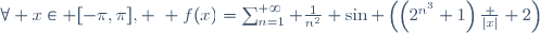 \forall x\in [-\pi,\pi], \,\, f(x)=\sum_{n=1}^{+\infty} \frac1{n^2} \sin \left(\left(2^{n^3}+1\right)\frac {|x|} 2\right)