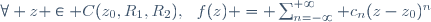 \forall z \in C(z_0,R_1,R_2),~~f(z) = \sum_{n=-\infty}^{+\infty} c_n(z-z_0)^n