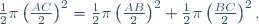 \frac12\pi\left(\frac{AC}2\right)^2=\frac12\pi\left(\frac{AB}2\right)^2+\frac12\pi\left(\frac{BC}2\right)^2,