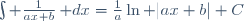 \int \frac{1}{ax+b}\,\mathrm dx=\frac{1}{a}\ln |ax+b|+C