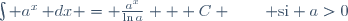 \int a^x\,\mathrm dx = \frac{a^x}{\ln{a}} + C \qquad \textrm{si} \ a>0