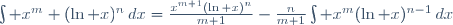 \int x^m (\ln x)^n\,dx=\frac{x^{m+1}(\ln x)^n}{m+1}-\frac{n}{m+1}\int x^m(\ln x)^{n-1}\,dx