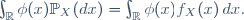 \int_{\mathbb{R}}\ \phi(x)\ \mathbb{P}_X(dx)=\int_{\mathbb{R}}\ \phi(x)\ f_X(x)\,dx.