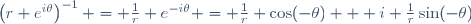 \left(r e^{i\theta}\right)^{-1} = \frac{1}{r} e^{-i\theta} = \frac{1}{r} \cos(-\theta) + i \frac{1}{r}\sin(-\theta)\,