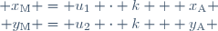 \left\{\begin{matrix} x_\mathrm{M} = u_1 \cdot k + x_\mathrm{A} \\ y_\mathrm{M} = u_2 \cdot k + y_\mathrm{A} \end{matrix}\right.