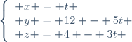 \left\lbrace\begin{array}{l} x = t \\ y = 12 - 5t \\ z = 4 - 3t \end{array}\right.