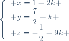 \left\lbrace\begin{array}{l} x=1-2k \\ y=\dfrac{7}{2}+k \\ z=-\dfrac{1}{2}-9k \end{array}\right.