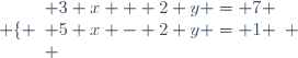 \left \lbrace \begin{array}{l} 3 x + 2 y = 7 \\ 5 x - 2 y = 1 \\ \end{array} \right.
