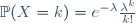 \mathbb{P}(X=k)=e^{-\lambda}\frac{\lambda^k}{k!}